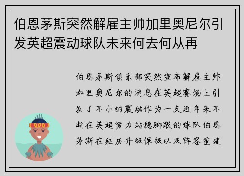 伯恩茅斯突然解雇主帅加里奥尼尔引发英超震动球队未来何去何从再